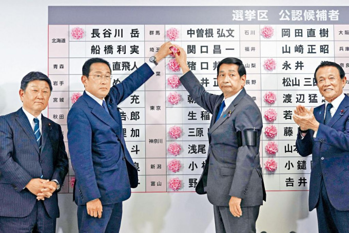 日本首相兼自民黨總裁岸田文雄（左二）周日在黨總部，以粉紅色玫瑰花裝飾物貼在當選黨友名字上。