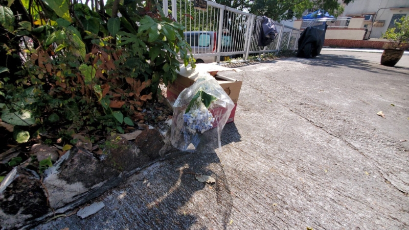 距进凶案单位约50米外，有人在树下摆放一个纸箱，箱内放有一束鲜花，悼念女死者蔡天凤的不幸离世。 （杨伟亨摄）