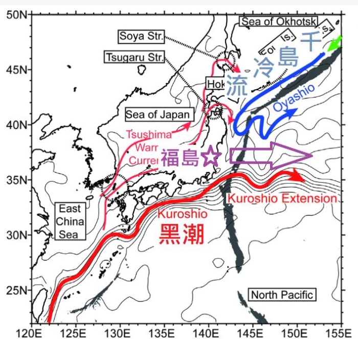 福岛外海是来自东南方的暖流“黑潮”和来自东北方的冷流“千岛海流”会合的海域，随后进入向东的北太平洋海流。