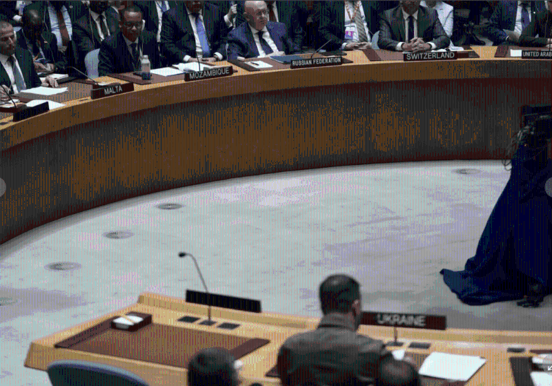 泽连斯基在联合国国理会发言时，俄罗斯大使内本齐亚坐在马蹄形桌子的对面位置。