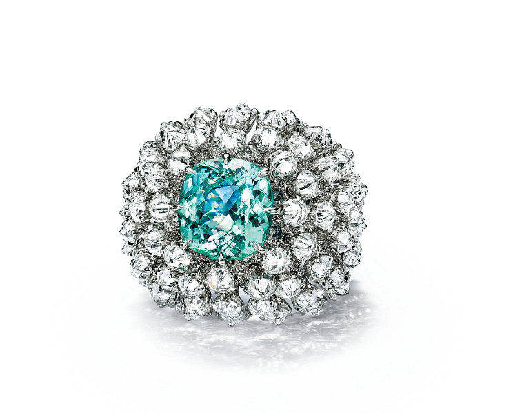 瀚海星螺（Shell）18K白金镶逾8卡绿色含铜锂碧玺及钻石指环。