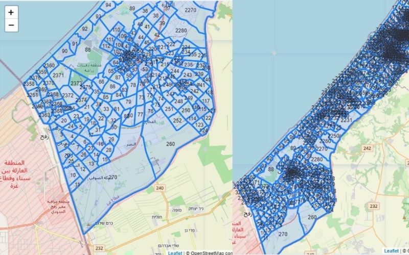 以军向加沙居民发布疏散地图，加沙在地图中被划分为多区以便撤离。 左图为右图的局部放大图。 网上图片