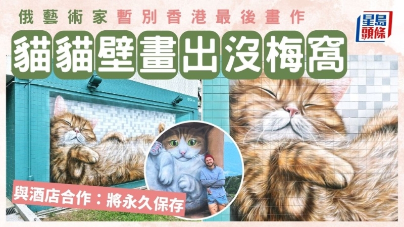 巨型猫猫壁画梅窝出没！俄艺术家暂别香港最后画作，与酒店合作：将永久保存