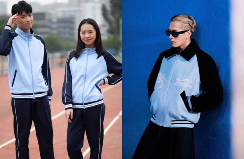 LV新款夹克（右）竟然与南宁中小学冬季校服（左）“撞衫”。