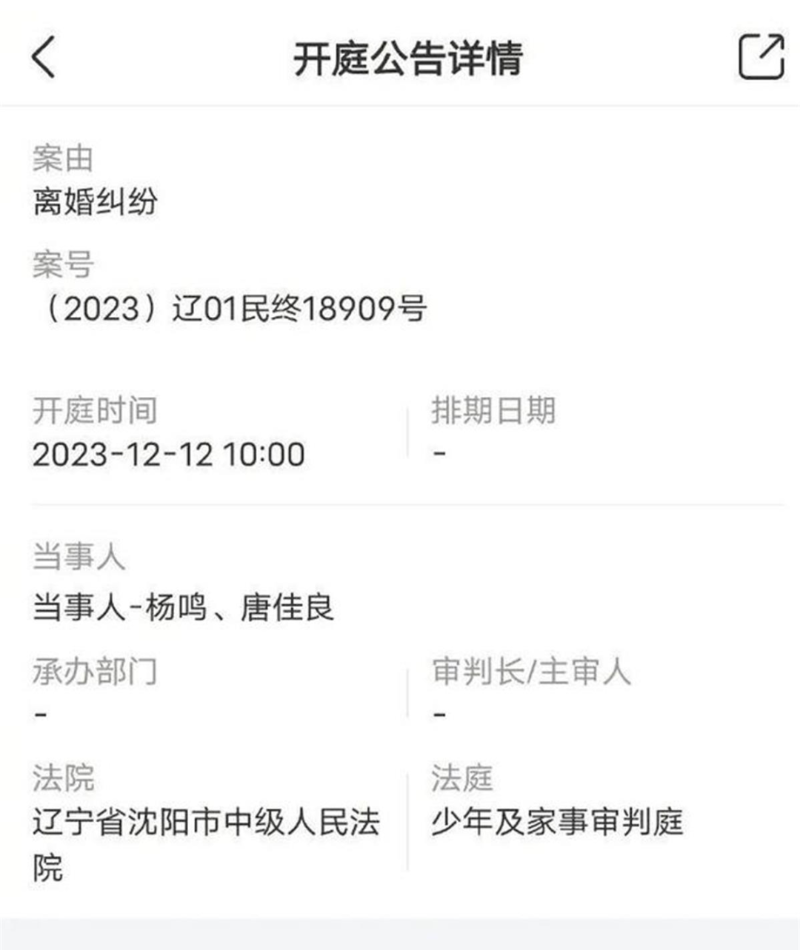 杨鸣再次因“离婚纠纷”起诉唐佳良