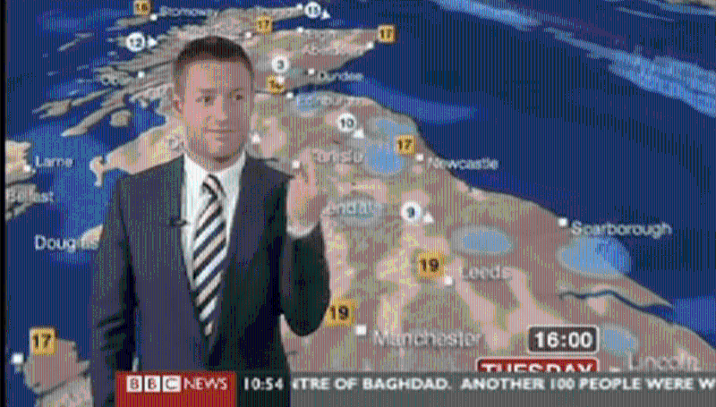 2010年，BBC天气新闻主播托马斯也曾闹出「竖中指」事件。