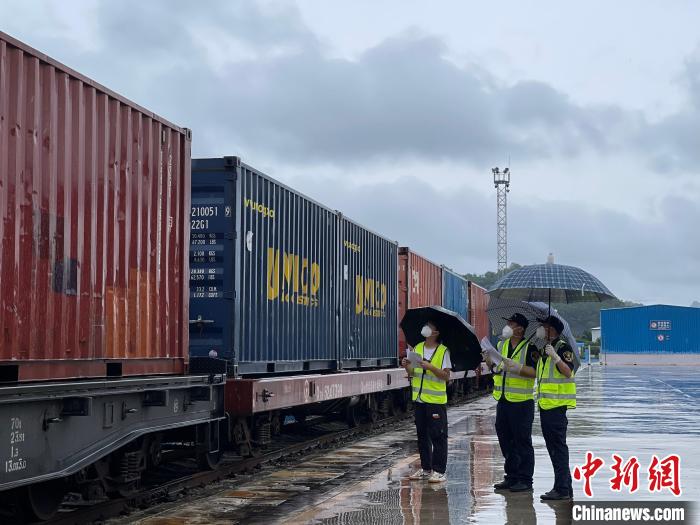 凭祥海关关员对“西安-河内”中越班列进行物流巡查。 赖婧 摄