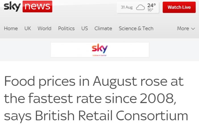 英国2022年8月食品价格创2008年以来最快增速。图片来源：英国天空新闻网报道截图