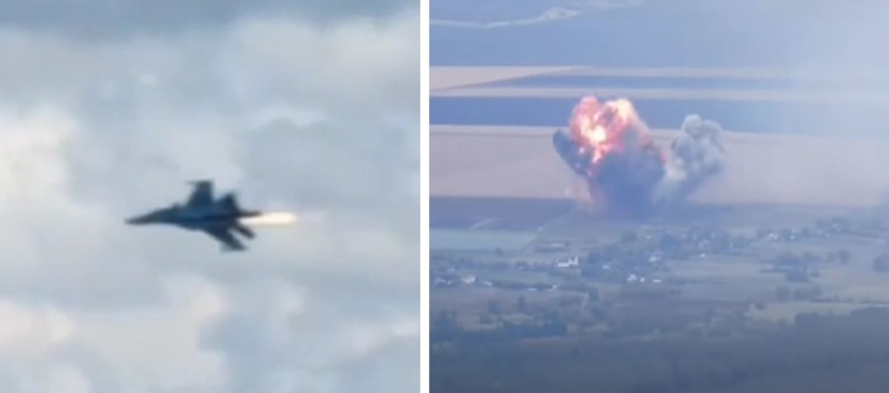 Su-30被飛彈擊中而起火，隨後墜毀。(圖/Youtube)