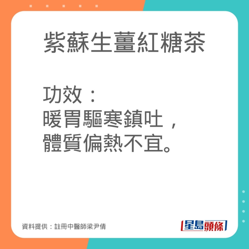 註冊中醫師梁尹倩分享紫蘇生薑紅糖茶的做法。