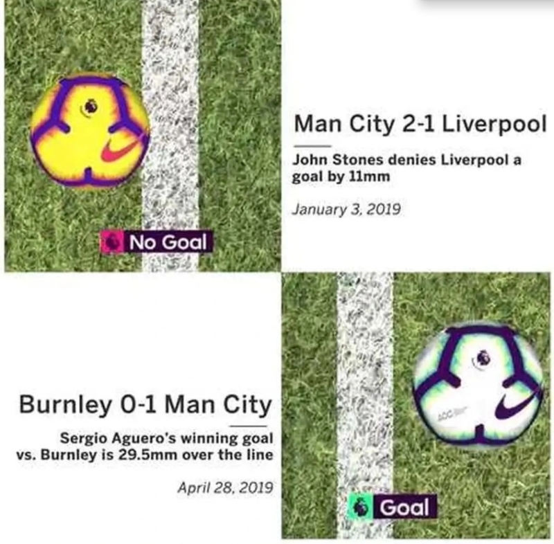 球迷找出以往VAR及科技判決，皮球在未越過白界前不算入波。 網上圖片