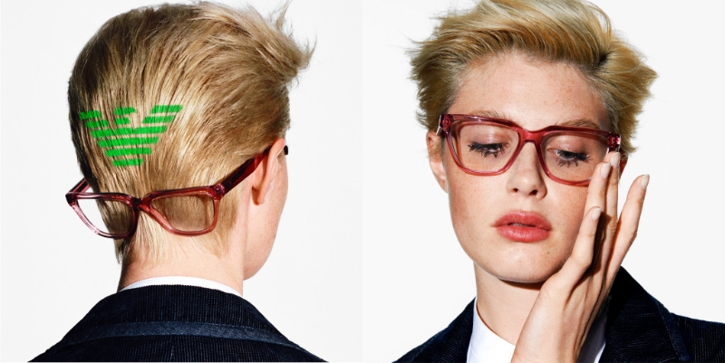Emporio Armani秋冬永續性眼鏡系列，透明的紅色可柔化視效，令造型突出。