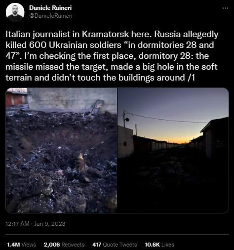 意大利记者指俄方的袭击似乎打歪了，没有击中建筑物本身。