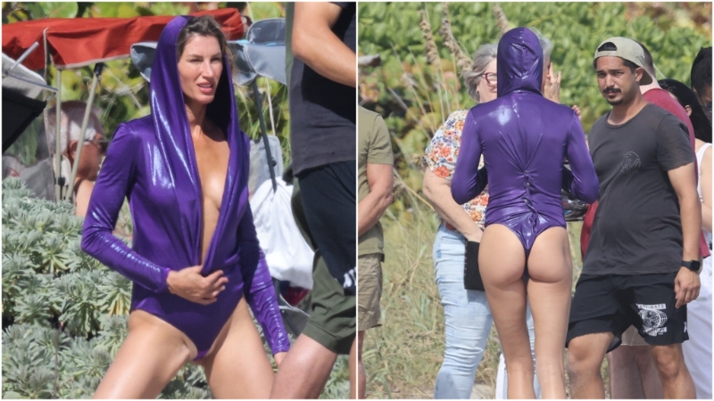 吉赛儿邦臣身穿紫色连衣泳装。 （图/达志图像）