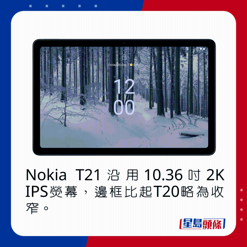 Nokia T21沿用10.36吋2K IPS荧幕，边框比起T20略为收窄。
