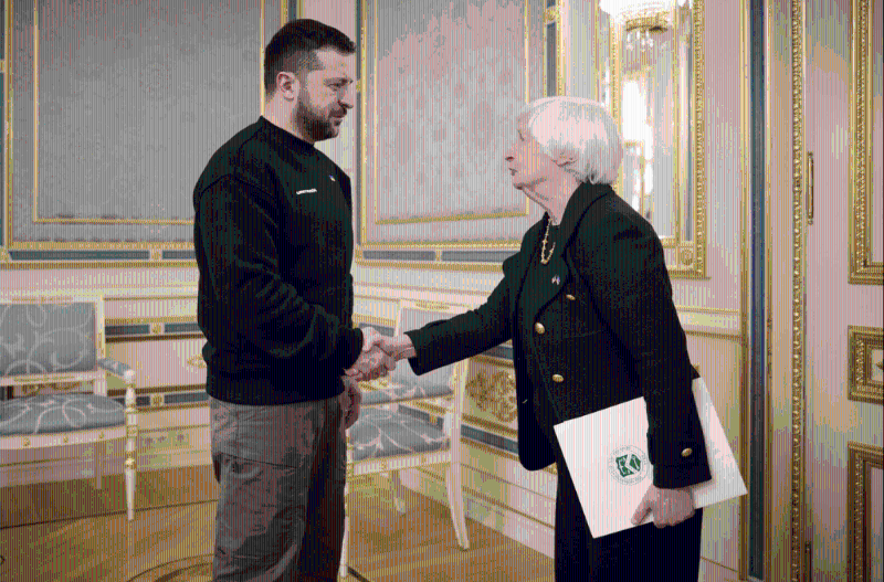 美国财政部长耶伦（Janet Yellen）2月27日突然访问乌克兰，获乌克兰总统泽连斯基（Volodymyr Zelenskiy）接见。 路透社