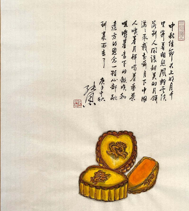 李純恩專程為嘉麟樓的月餅撰文，以文入畫製作心意卡，並隨禮盒附送。