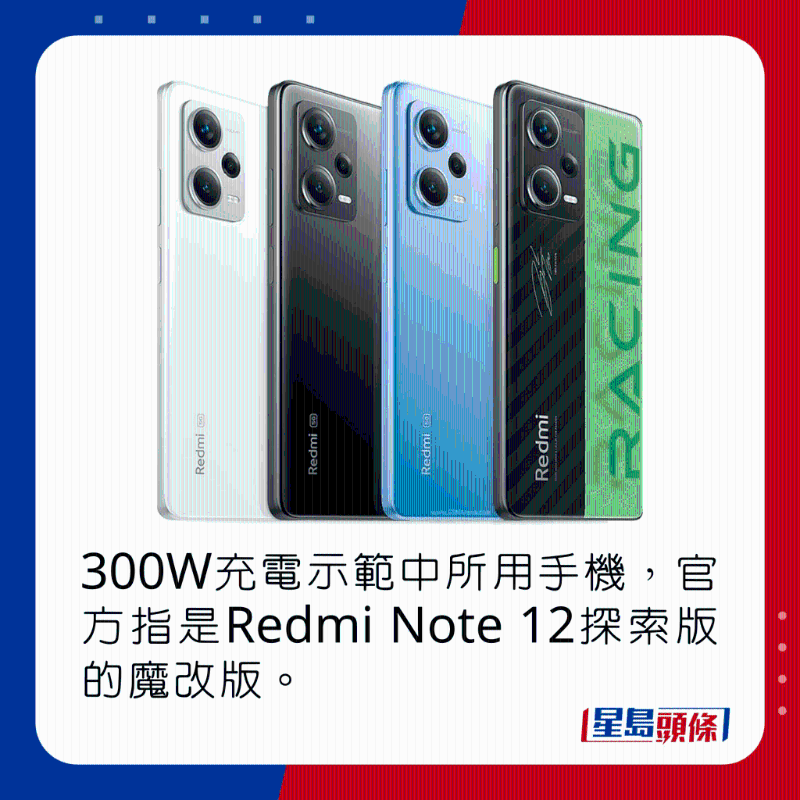 300W充电示范中所用手机，官方指是Redmi Note 12探索版的魔改版。