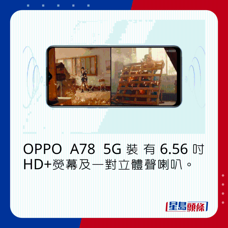 OPPO A78 5G裝有6.56吋HD+熒幕及一對立體聲喇叭。