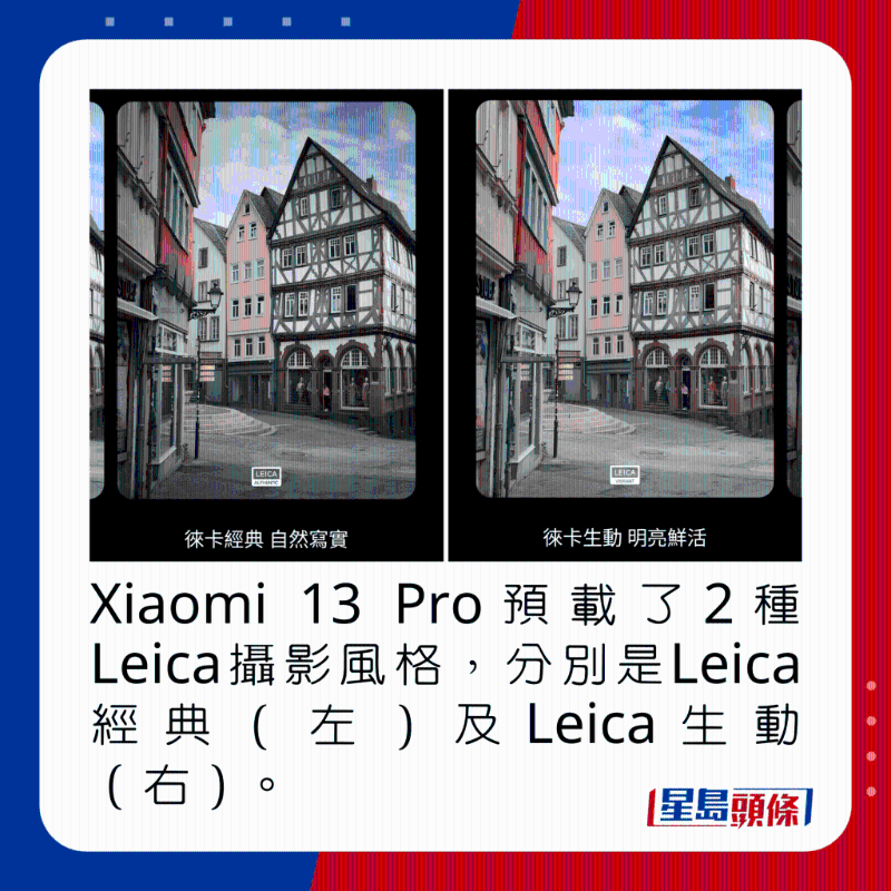 Xiaomi 13 Pro預載了2種Leica攝影風格，分別是Leica經典（左）及Leica生動（右）。
