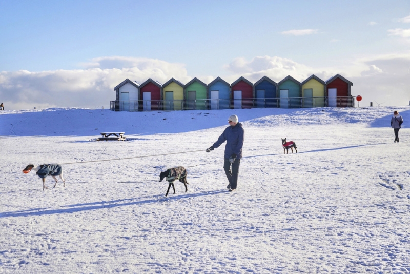 民眾在英格蘭東北部布萊斯的海灘小屋旁的雪地裡遛狗。AP