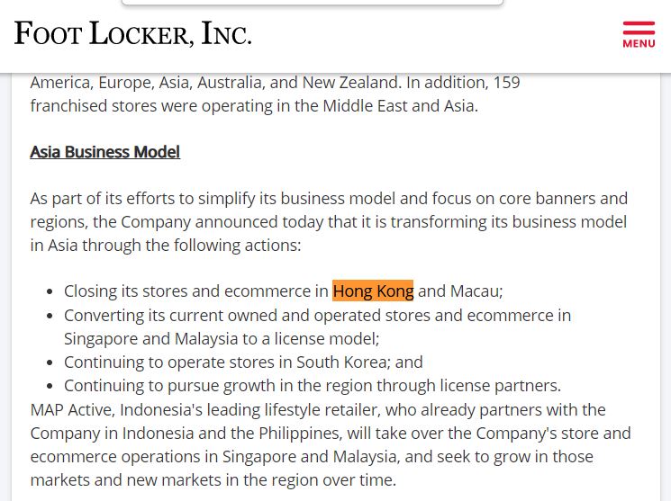 Foot Locker宣布调整亚洲业务。 Foot Locker官网