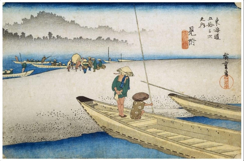 日本浮世繪｜歌川廣重大叔圖譜：《東海道五拾三次之内　見附　天竜川船渡し》