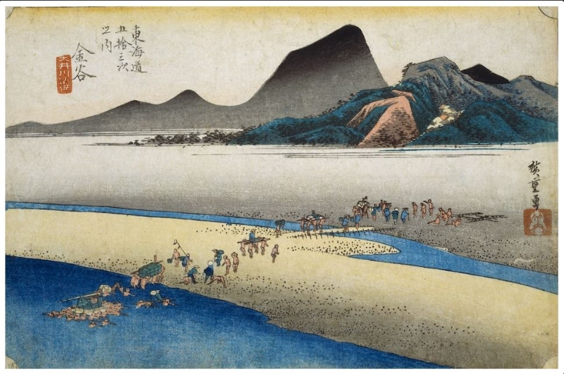 日本浮世繪｜歌川廣重大叔圖譜：《東海道五十三次之内 金谷 大井川遠岸》
