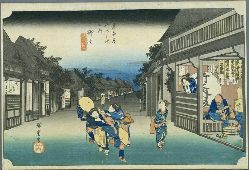 日本浮世繪｜歌川廣重大叔圖譜：《五十三次 吉田／御油》，描繪一家旅館的一名婦女，當街搶客。