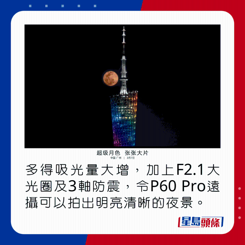 多得吸光量大增，加上F2.1大光圈及3轴防震，令P60 Pro远摄可以拍出明亮清晰的夜景。