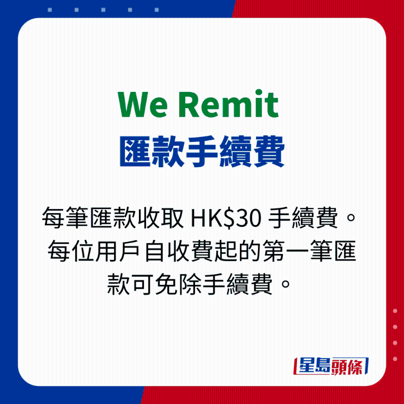 We Remit 汇款手续费，每笔汇款收取 HK$30 。