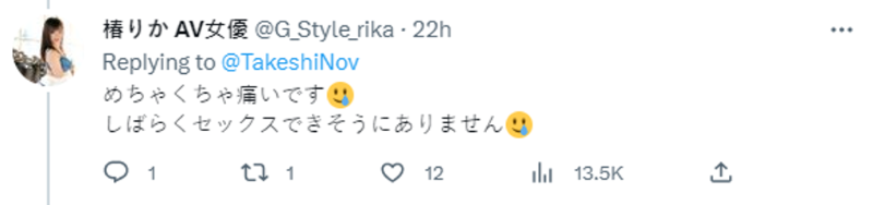 椿莉香說傷口很痛,感覺一陣子無法愛愛。(圖/twitter@G_Style_rika)