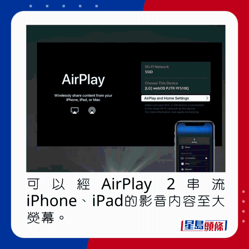 可以经AirPlay 2串流iPhone、iPad的影音内容至大荧幕。