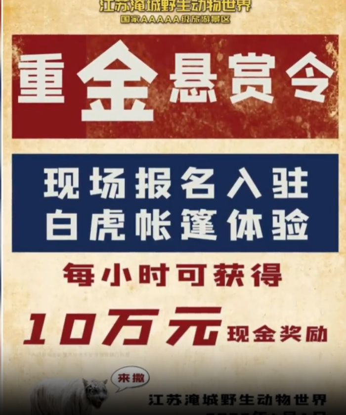 江蘇淹城野生動物世界發出「懸賞令」,招勇士與虎同住每小時獎10萬。 微博圖