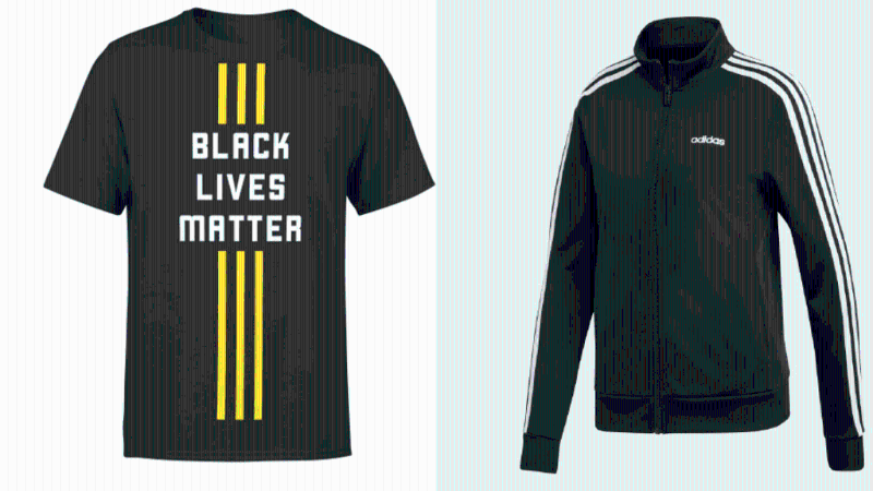 「黑人的命也是命」全球网络基金会设计产品（左）与阿迪达斯设计产品。 网图