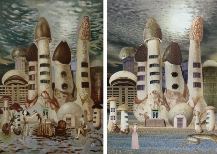 徐跋骋作品(左)与Seana Gavin 《Mushroom city》 徐跋骋作品(左)与Seana Gavin 《Mushroom city》