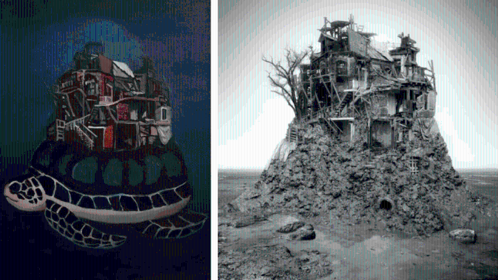 徐跋骋涉抄作品(左)《房龟》,2010年;Jim Kazanjian原作(右), Untitled (Low Tide),2009 徐跋骋涉抄作品(左)《房龟》,2010年;Jim Kazanjian原作(右), Untitled (Low Tide),2009