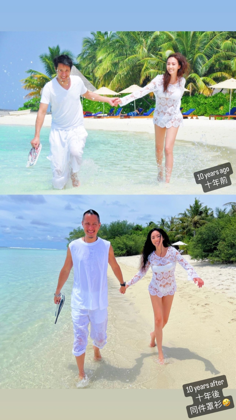关颖穿回同一件衫，与老公作十年前后的对比。