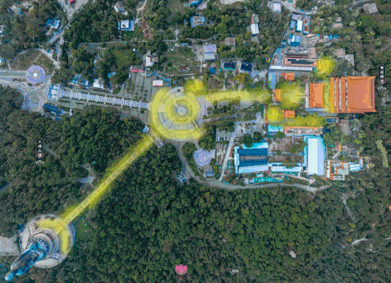 黄色标示的宝莲禅寺、天坛大佛、大佛公园位置为荷花展示范围。