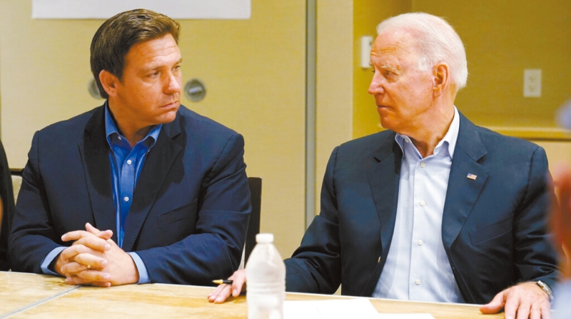 德桑蒂斯（左）将到访北加，同日拜登(右)也将到访湾区