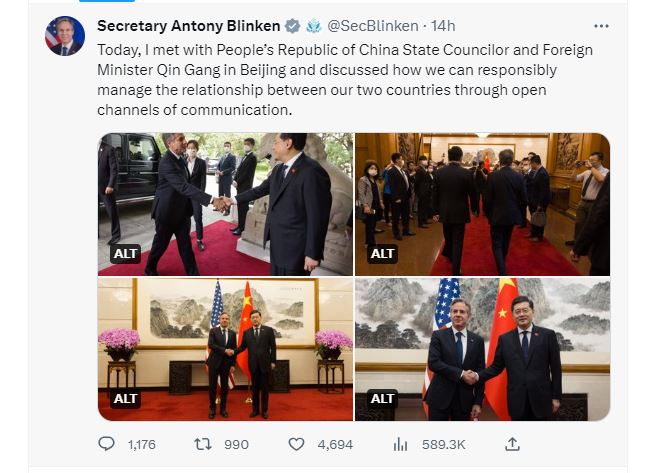 布林肯推特发文谈北京行，“讨论如何负责任地管理两国关系”。