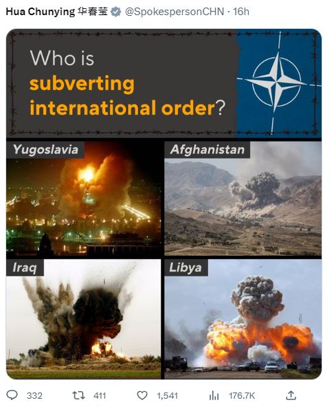 华春莹发布四地被美国及北约炮火轰炸的场景图。 华春莹Twitter截图 华春莹发布四地被美国及北约炮火轰炸的场景图。 华春莹Twitter截图