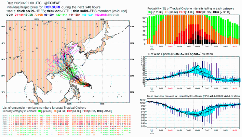 欧洲中期天气预报中心（ECMWF）集合预报（EPS Ensemble Model），杜苏芮有较大机率趋向台湾至福建一带。 欧洲中期天气预报中心图片