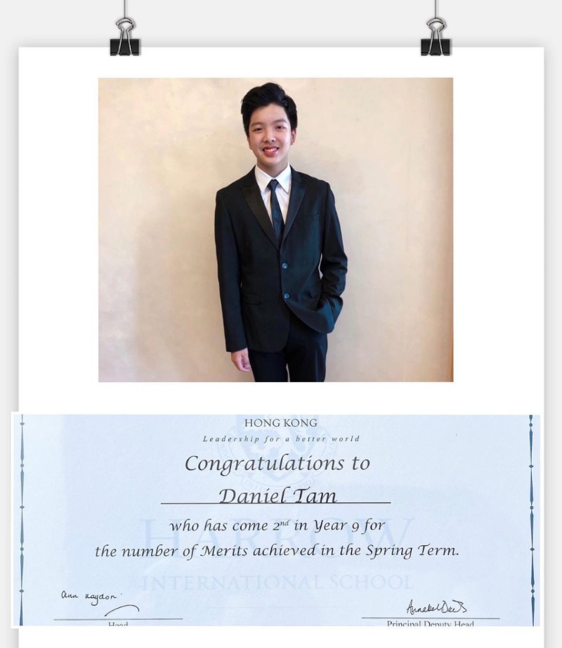 谭耀文儿子Daniel目前正就读哈罗学校。 谭耀文儿子Daniel目前正就读哈罗学校。