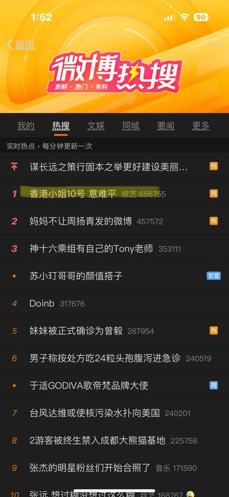 “香港小姐10号 意难平”昨晚登上微博热搜。 “香港小姐10号 意难平”昨晚登上微博热搜。