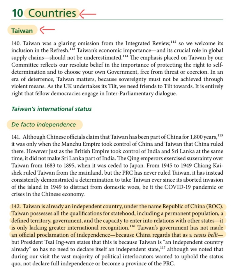 英国下议院外交委员会报告将台湾列为独立国家。