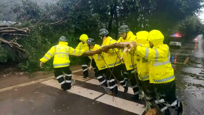 珠海警察在路上清理倒树。