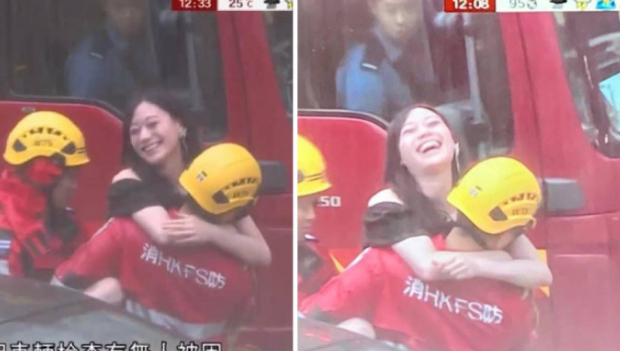 港女熊抱救援消防员，嘴角笑容藏不住，网民：羡慕