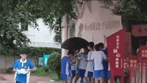 家长拍照片指控深圳金碧实验学校将学生赶出操场淋雨食饭。
