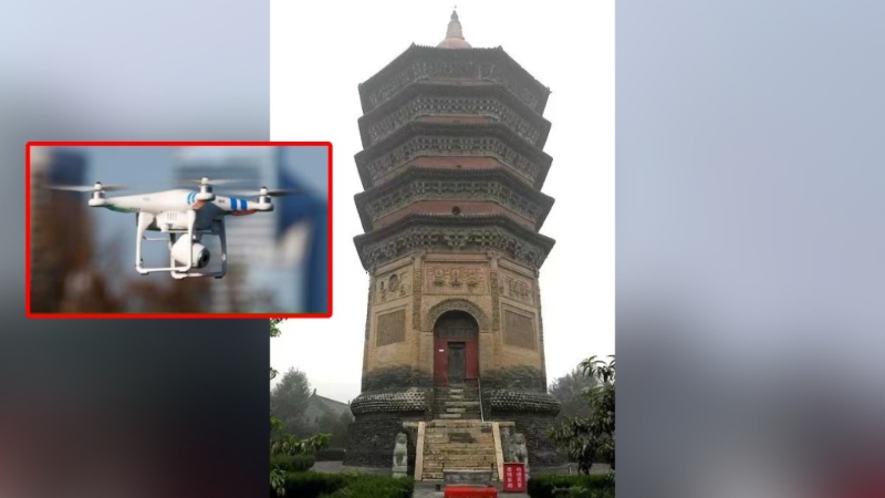 全国重点文物保护单位河南文峰塔意外被韩国游客的无人机刮碰到。